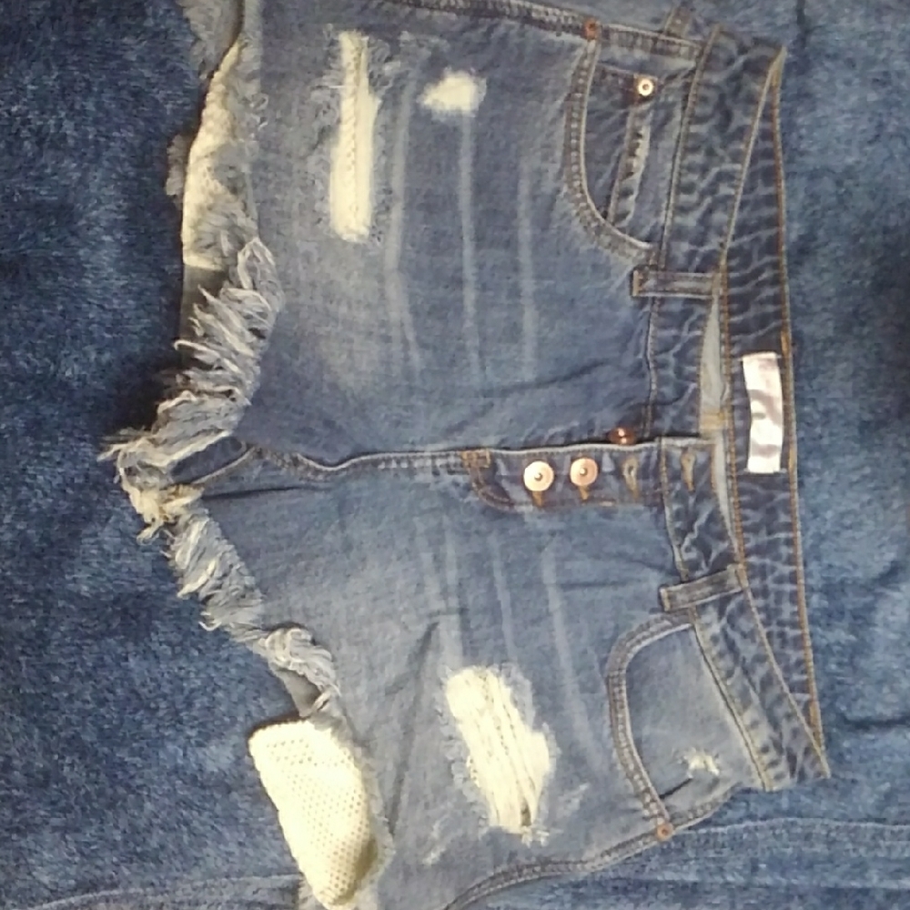 No Boundaries Distressed Blue Denim Jean Shorts with Frayed Hem